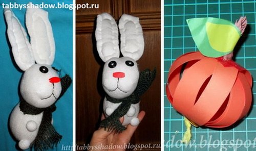 Поделки по сказкам Сутеева - игрушка зайчик из носка и яблоко из бумажных полосок