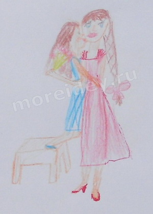 Ребенок обнимает маму детский рисунок цветными карандашами